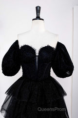 Saprkly Black Off-Shoulder Puff Sleeves Layers Long Evening Prom Dress