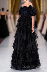 Saprkly Black Off-Shoulder Puff Sleeves Layers Long Evening Prom Dress