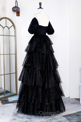 Saprkly Black Off-Shoulder Puff Sleeves Layers Long Evening Prom Dress