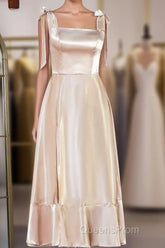 Champagne Bow Tie Straps A-line Satin Tea-Length Bridesmaid Dress