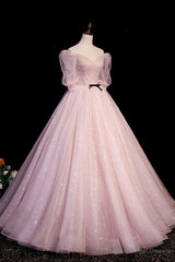 Pink V-Neck Tulle Long Prom Dress, A-Line Short Sleeves Evening Dress