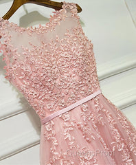 Pink Lace Tulle Long A Line Evening Prom Dress, Pink Evening Dress, 1