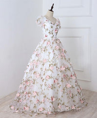 White V Neck 3D Flowers Long Evening Prom Dress, White Evening Dress