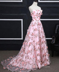 Pink Tulle 3D Flowers Long Evening Prom Dress, Pink Evening Dress
