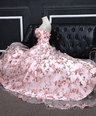 Pink Tulle 3D Flowers Long Evening Prom Dress, Pink Evening Dress