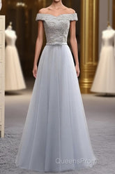 A Line Lace Tulle Off Shoulder Long Evening Prom Dress, Evening Dress