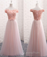 A Line Lace Tulle Off Shoulder Long Evening Prom Dress, Evening Dress
