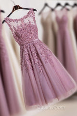 Cute Pink Lace Tulle Short Evening Prom Dress, Pink Evening Dress