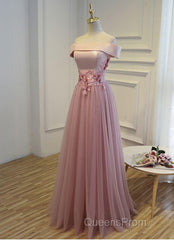Pink A Line Off Shoulder Floor Length Evening Prom Dress, Lace Evening Dress