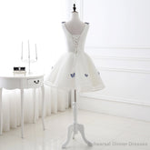 A Line V Neck Sleeveless Appliques Tulle Homecoming Dresses, Short Prom Dresses