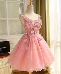 Cute A Line Pink Tulle Pearl Short Evening Prom Dress, Homecoming Dress