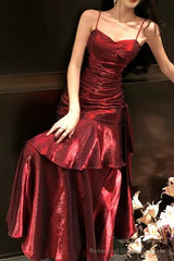 Spaghetti Strap V-Neck Plain Ruffle Panel Ruched Mermaid Prom Dresses