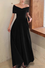 Simple V-neck Short-Sleeve Off Shoulder Long Prom Dress Black A-Line Evening Dress