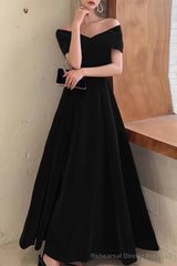 Simple V-neck Short-Sleeve Off Shoulder Long Prom Dress Black A-Line Evening Dress