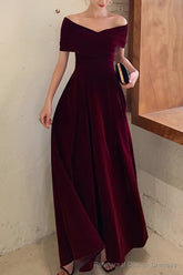 Simple V-neck Short-Sleeve Off Shoulder Long Prom Dress Burgundy A-Line Evening Dress