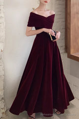 Simple V-neck Short-Sleeve Off Shoulder Long Prom Dress Burgundy A-Line Evening Dress