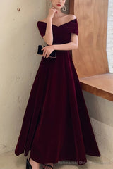 Simple V-neck Short-Sleeve Off Shoulder Long Prom Dress Burgundy A-Line Evening Dress
