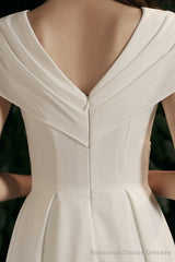 Simple V-neck Short-Sleeve Off Shoulder Long Prom Dress White A-Line Evening Dress