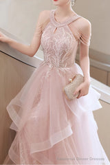 Pretty Sequin Ruffle Off Shoulder Prom Dress Light Pink Princess Halter Neck Maxi Dress