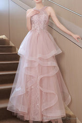 Pretty Sequin Ruffle Off Shoulder Prom Dress Light Pink Princess Halter Neck Maxi Dress