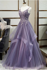 Purple Tulle A-line V-neck Spaghetti Straps Prom Dress With Lace Appliques