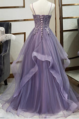 Purple Tulle A-line V-neck Spaghetti Straps Prom Dress With Lace Appliques