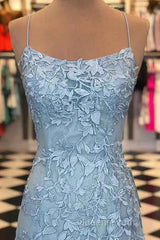 Blue Spaghetti Straps Backless Appliques Evening Prom Dress