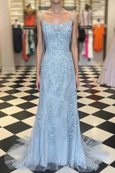 Blue Spaghetti Straps Backless Appliques Evening Prom Dress