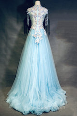 Modest Square Neckline Beading Appliques Sky Blue Long Evening Prom Dress Pageant Gown