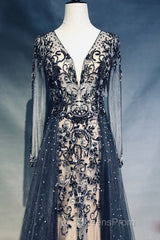 Luxury Long Sleeves V-neck Long Evening Prom Dress Overskirt Mother Formal Dress