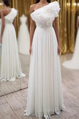 Elegant Ruffles One Shoulder Long Evening Prom Dress, Chiffon Long Formal Dress