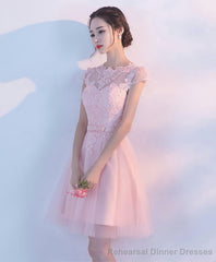 Pink A Line Tulle Lace Short Prom Dress Homecoming Dress 1