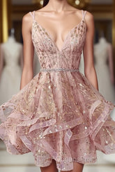 Cute Sequins Pink Homecoming Dress V-neck Beaded Short Evening Prom Dress