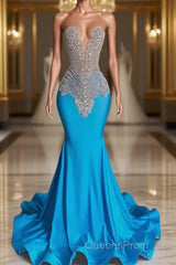 Ocean blue sleeveless mermaid Evening Prom Dress with long beadings