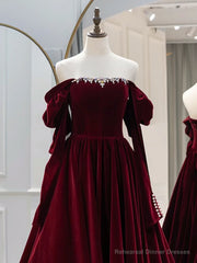 A-Line Long Sleeves Velvet Burgundy Long Prom Dress, Burgundy Long Evening Dress with Beads