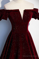 Burgundy Velvet Long Prom Dresses, Off the Shoulder Formal Evening Dresses