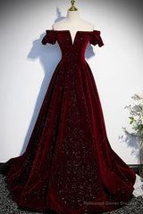 Burgundy Velvet Long Prom Dresses, Off the Shoulder Formal Evening Dresses
