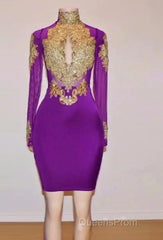 Unique Evening Prom Dress, Long Sleeve High Neck Beaded Split Evening Prom Dress