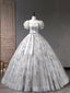 Gray Tulle Sequins Long Prom Dress, A-Line Short Sleeve Evening Dress