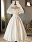 White Satin Lace Short Prom Dress, White Evening Dress, Wedding Dress
