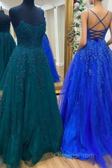 Cute Tulle Lace Long Evening Prom Dress, A-Line Backless Evening Dress