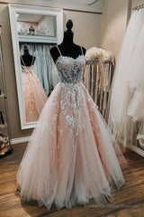 Pink Sweetheart Neck Lace Long Prom Dresses, A-Line Formal Dresses
