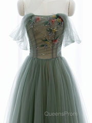 A-Line Green Tulle Long Evening Prom Dress, Off the Shoulder Evening Party Dress