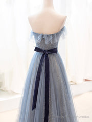 Blue Tulle Long Prom Dress, A-Line Strapless Evening Party Dress