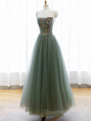 A-Line Green Tulle Long Evening Prom Dress, Off the Shoulder Evening Party Dress
