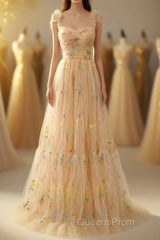 Champagne Lovely Tulle Lace Long Evening Prom Dress, Champagne Evening Dress