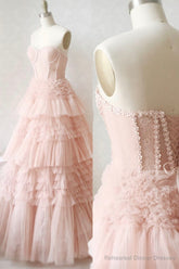 Pink Tulle Lace Long Prom Dresses, A-Line Strapless Evening Dresses