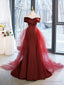 Mermaid V-Neck Satin Long Prom Dress, Burgundy Off Shoulder Evening Dress with Bow