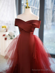 Mermaid V-Neck Satin Long Prom Dress, Burgundy Off Shoulder Evening Dress with Bow