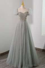 Gray Tulle Beading Long Prom Dress, A-Line Short Sleeve Evening Dress